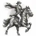 A dotwork tattoo of an entrepreneur riding a horse with a dog by their side, symbolizing success and loyalty tattoo design idea