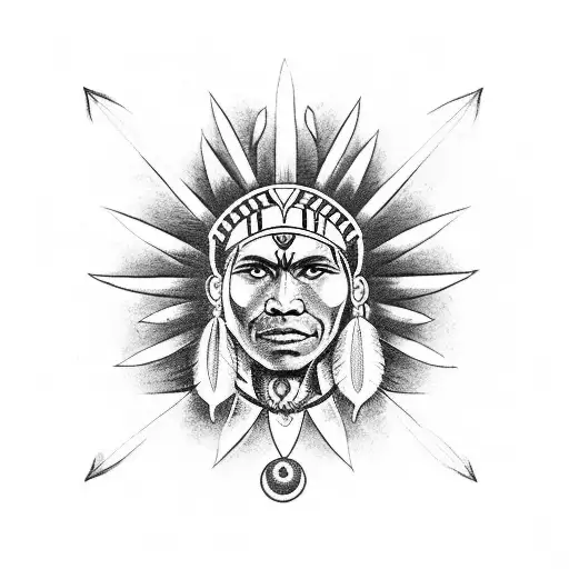 A Cheraw Indian warrior holding an arrowhead, with chakras representing the spirit and soul, surrounded by ocean waves tattoo design idea