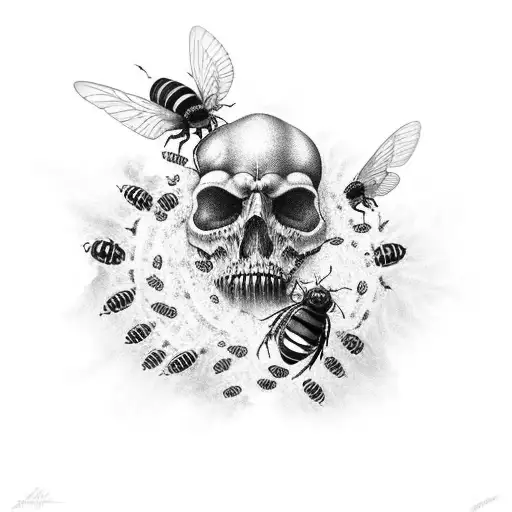 A black-grey tattoo of an American cheraw Indian surrounded by bees tattoo design idea