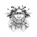 A black-grey tattoo of an American cheraw Indian surrounded by bees tattoo design idea
