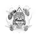 A black-grey tattoo of an American cheraw Indian surrounded by bees tattoo design idea