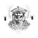 A black-grey tattoo of an American cheraw Indian surrounded by bees tattoo design idea