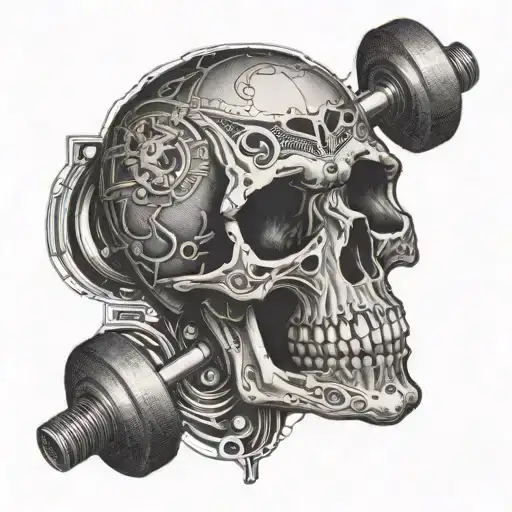 Create a tattoo of a skull lifting weights with intricate dotwork details tattoo design idea