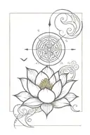 basic thai lotus flower, nautical compass, moon, waves, swirls tattoo design idea