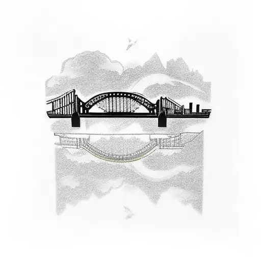 pittsburgh skyline with bridge in front and pirates "p" inside the bridge supports tattoo design idea