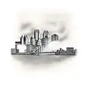 pittsburgh skyline with bridge in front and pirates "p" inside the bridge supports tattoo design idea