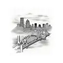 pittsburgh skyline with bridge in front and pirates "p" inside the bridge supports tattoo design idea