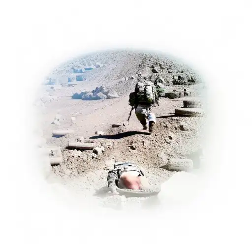 american soldiers in afghanistan walking over the rubble of distroyed mudd huts and dead bodies tattoo design idea