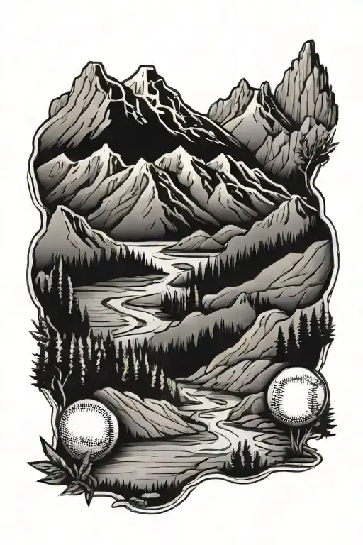 mountains, with a baseball diamond and river with animals  tattoo design idea