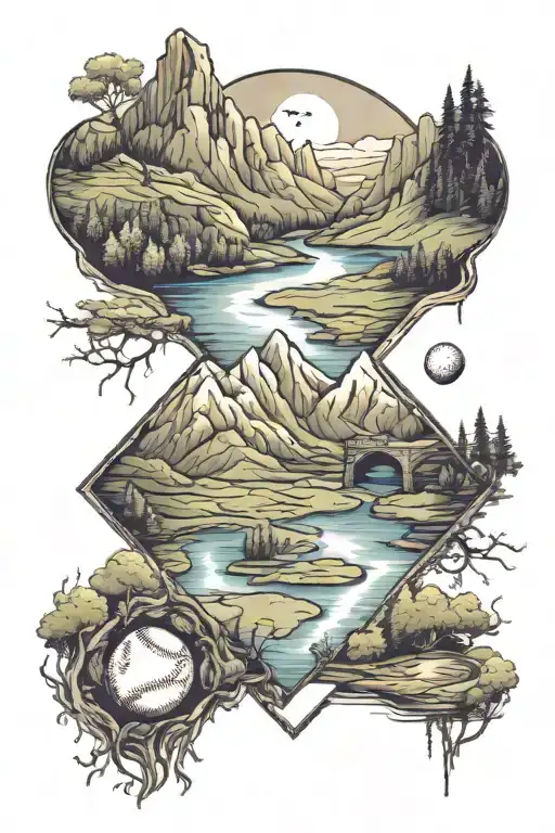 mountains, with a baseball diamond and river with animals  tattoo design idea