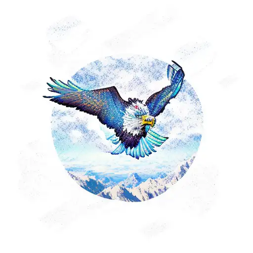 Anime-inspired eagle soaring over a mountain range tattoo design idea