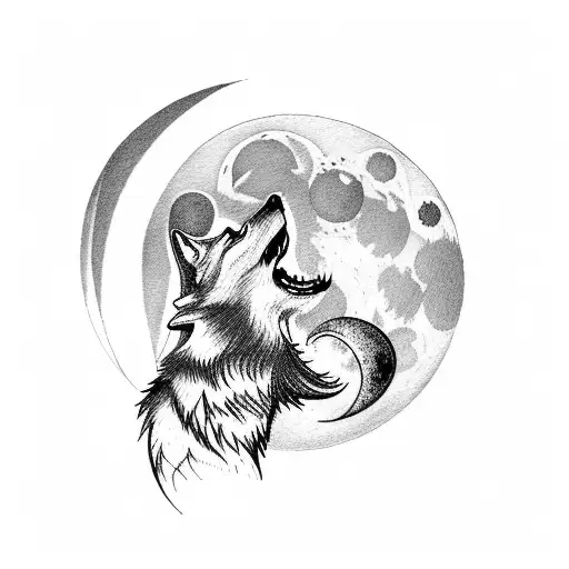 Fantasy wolf howling at the moon in a mountain landscape tattoo design idea