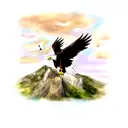 Anime-inspired eagle soaring over a mountain range tattoo design idea