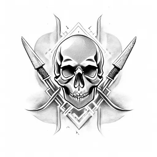 Design a skull with drumsticks crossed behind it, surrounded by swirling gothic patterns tattoo design idea