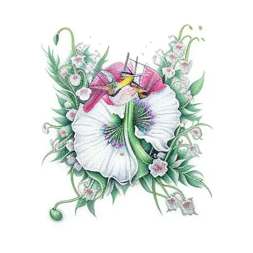 twin humming birds with lily of the valley, poppy, morning glory, carnation, Chrysanthemum tattoo design idea