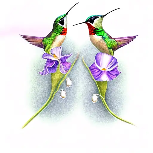 twin humming birds with lily of the valley, poppy, morning glory, carnation, Chrysanthemum tattoo design idea
