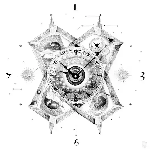 A detailed clock mechanism intertwined with a constellation of Sagittarius, representing the client's passion for time and astrology tattoo design idea