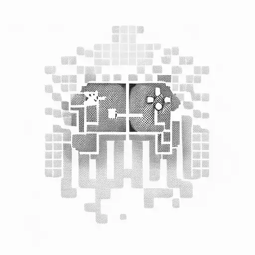 A blackwork tattoo of a pixelated video game controller surrounded by music notes and sound waves. tattoo design idea
