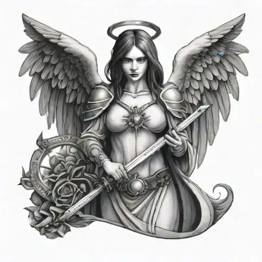 gothic female angel holding a sword tattoo design idea