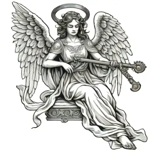 Female Angel in flowing robes holding a sword and harp  tattoo design idea