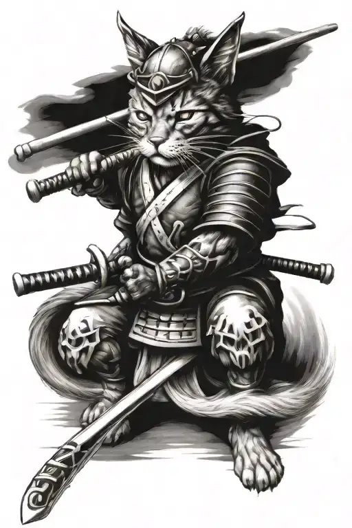cat samurai warrior tattoo design idea