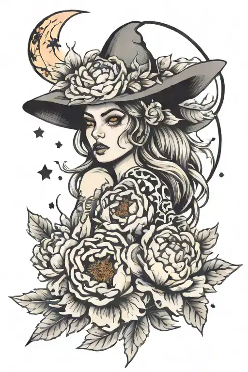 sketch tattoo girl witch on fire moon peonies flower tattoo tattoo design idea