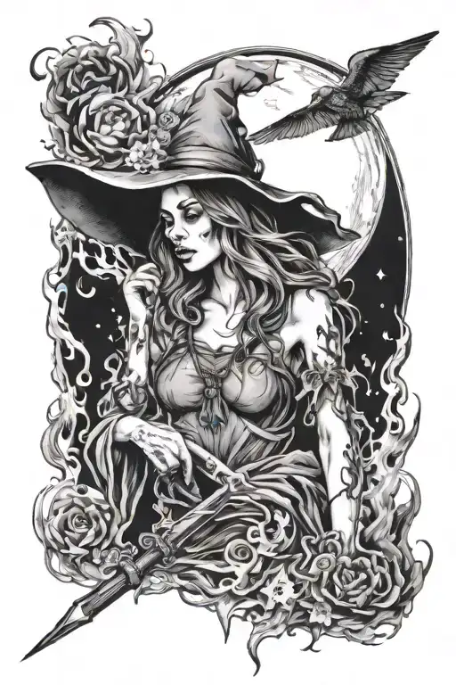 sketch tattoo girl witch on fire moon tattoo tattoo design idea