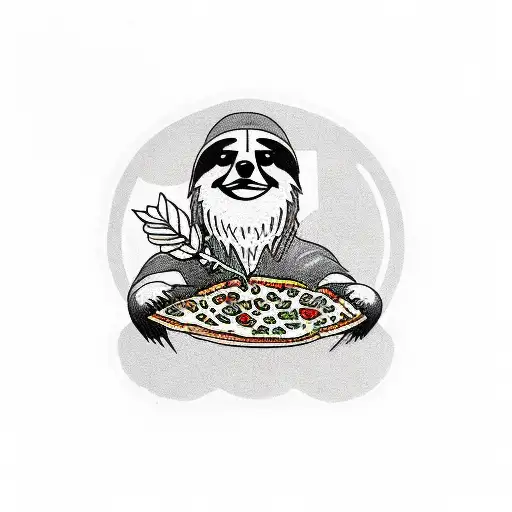 an anarchist sloth eating pizza surrounded by a laurel wreath tattoo design idea