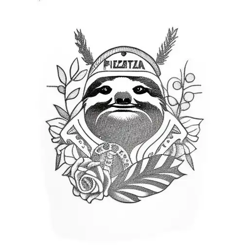 sloth eating pizza surrounded by a laurel wreath tattoo design idea