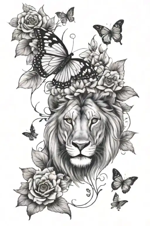 lion butterfly flowers tattoo design idea