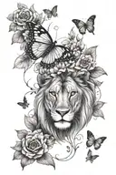 lion butterfly flowers tattoo design idea