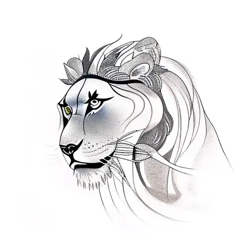 A surreal design of a mother transforming into a protective lioness, symbolizing maternal love tattoo design idea