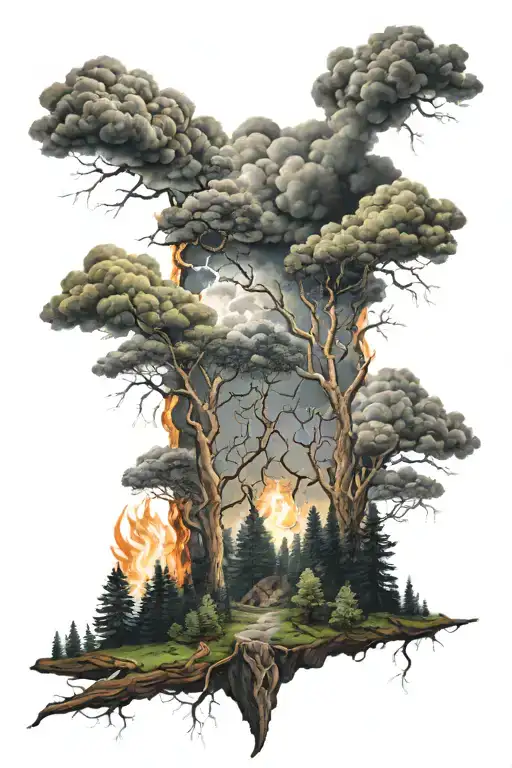 forest with heavy clouds and lightning and fire in the middle tattoo design idea