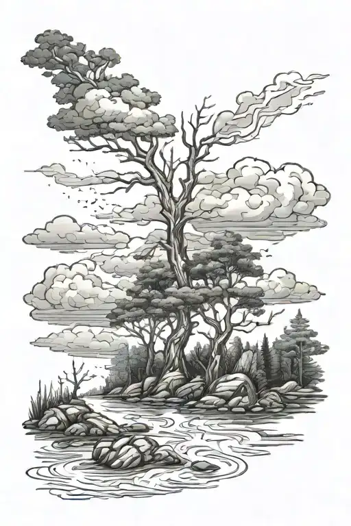 forest and dark clouds above with lightning above river tattoo design idea