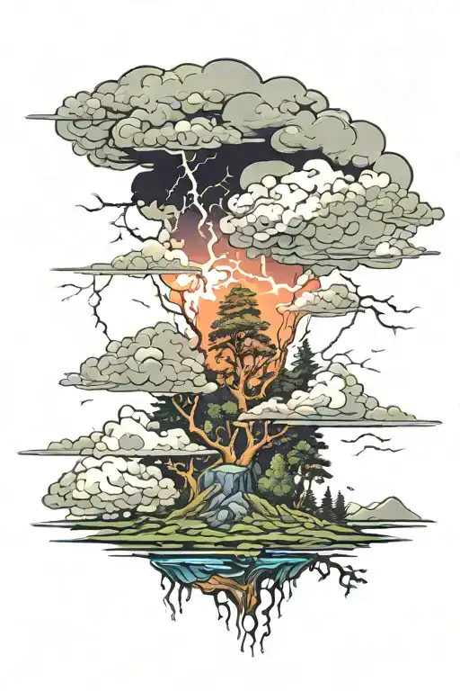 forest and dark clouds above with lightning above river tattoo design idea