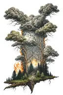 forest with heavy clouds and lightning and fire in the middle tattoo design idea