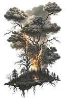 forest with heavy clouds and lightning and fire in the middle tattoo design idea
