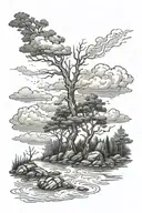 forest and dark clouds above with lightning above river tattoo design idea