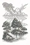 forest and dark clouds above with lightning above river tattoo design idea