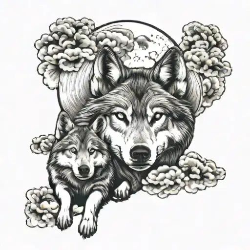 wolf ,child, moon,cloud  tattoo design idea