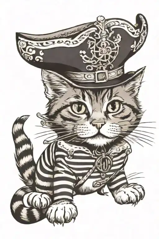 Gentleman pirate striped grey and black striped tabby cat with a white chin and chest standing on its white hind legs  tattoo design idea