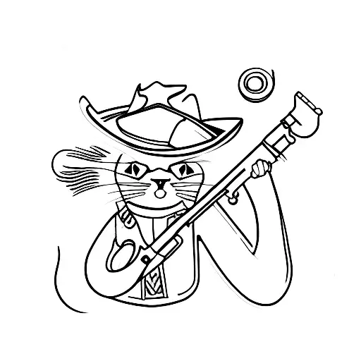 cat with cowboy hat and revolver tattoo design idea