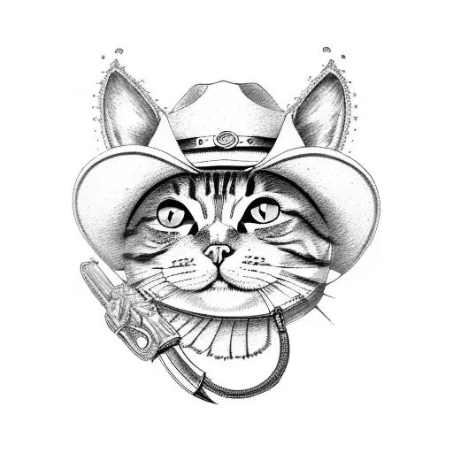 cat with cowboy hat and revolver tattoo design idea