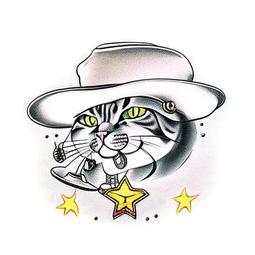cat with cowboy hat and revolver tattoo design idea