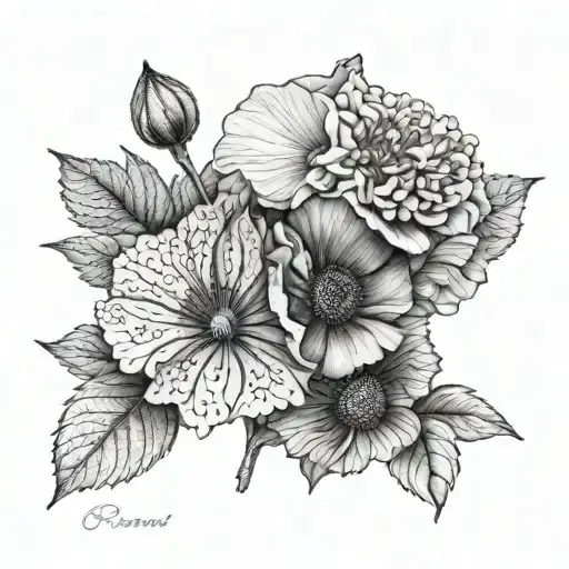 hydrangea and poppy flower tattoo design idea