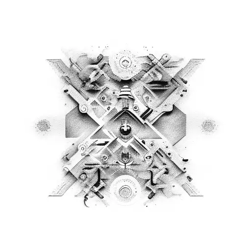 An abstract design incorporating a piston and the number 143 in black-grey style tattoo design idea