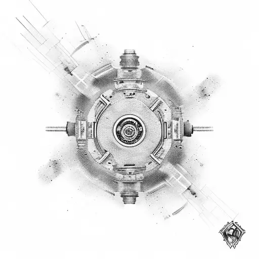 An abstract design incorporating a piston and the number 143 in black-grey style tattoo design idea