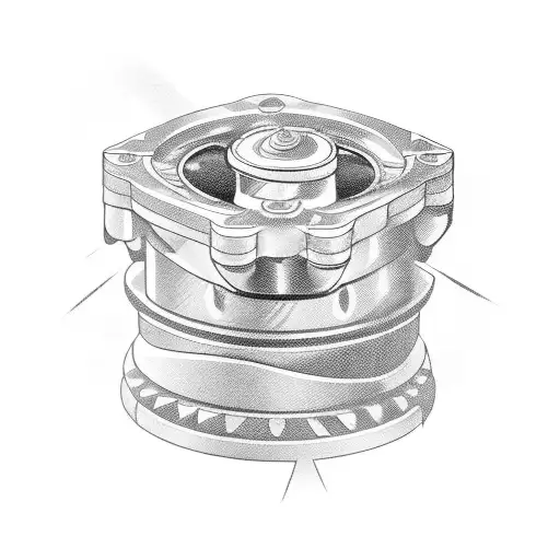 A detailed piston with the number 143 engraved on it in a blackwork style tattoo design idea