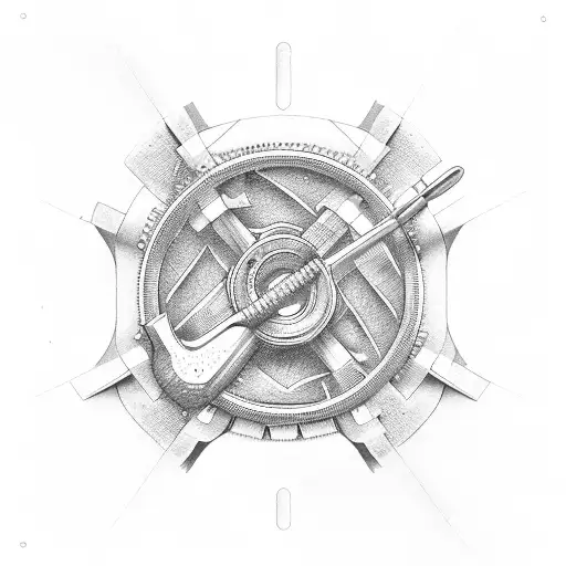 A mechanic's wrench forming the shape of a broken piston in a dotwork style tattoo design idea