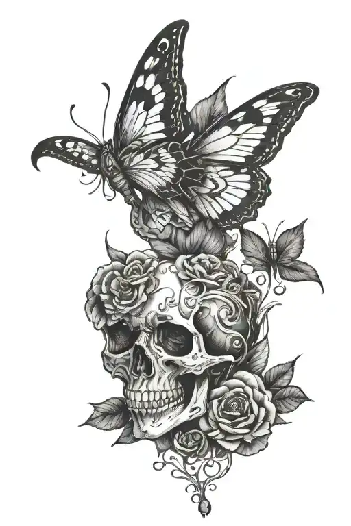 corpse with butterfly wings that represents guilt for past events tattoo design idea